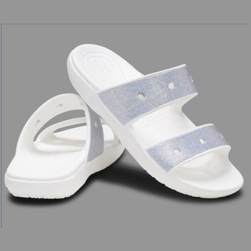 Crocs white and silver classic glitter sandal with bonus charms NWT